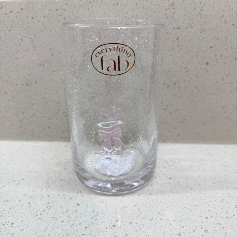 Everything Fab Highball Icon Juice Glass 15oz Clear Seeded Bubble Glass Pink Bow